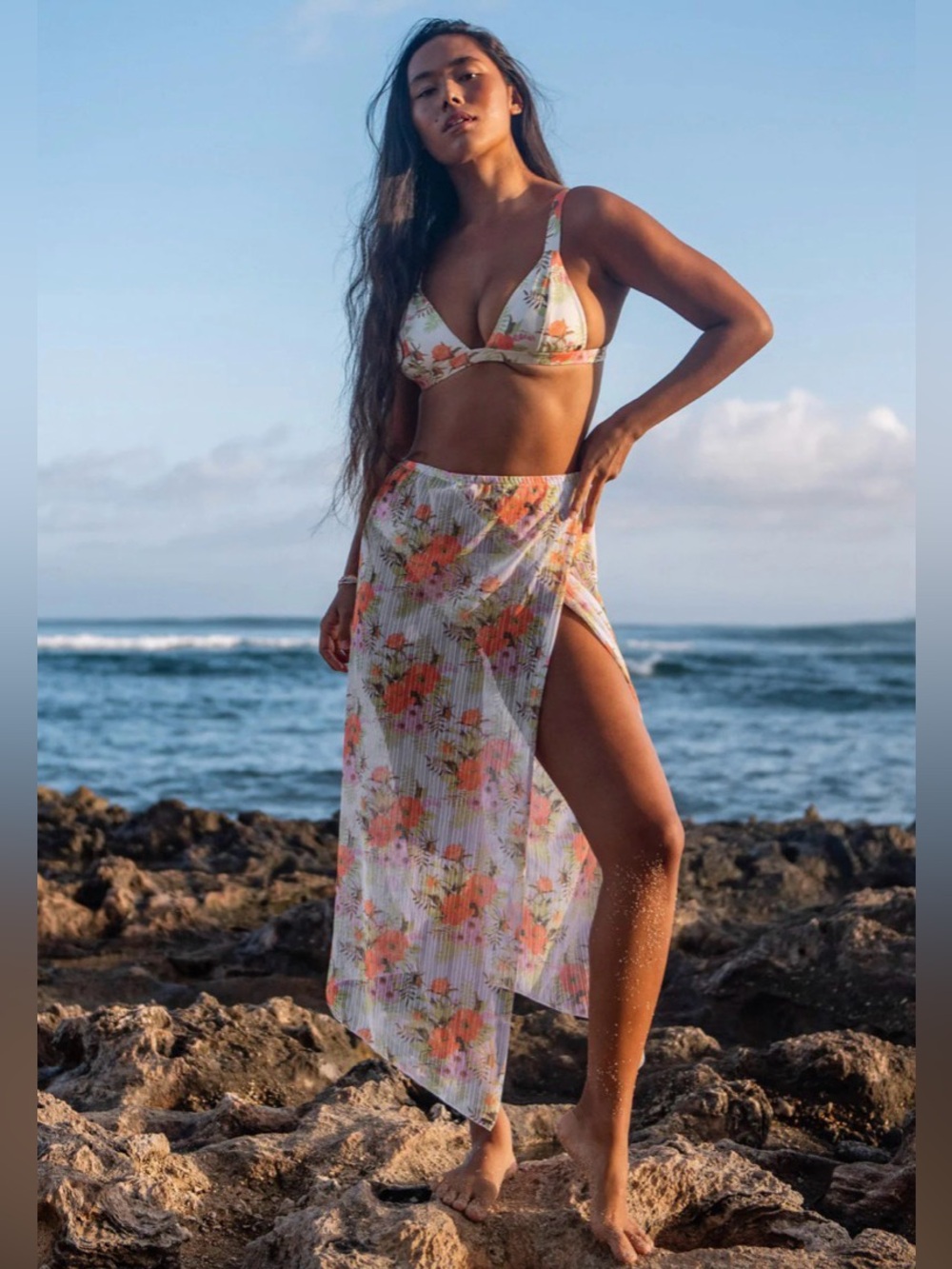 Volcom White Floral Tie-Front Bikini with Pink & Coral Blooms